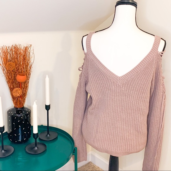 LA Hearts Taupe Boat Neck Laced Sleeve Sweater - Picture 3 of 8